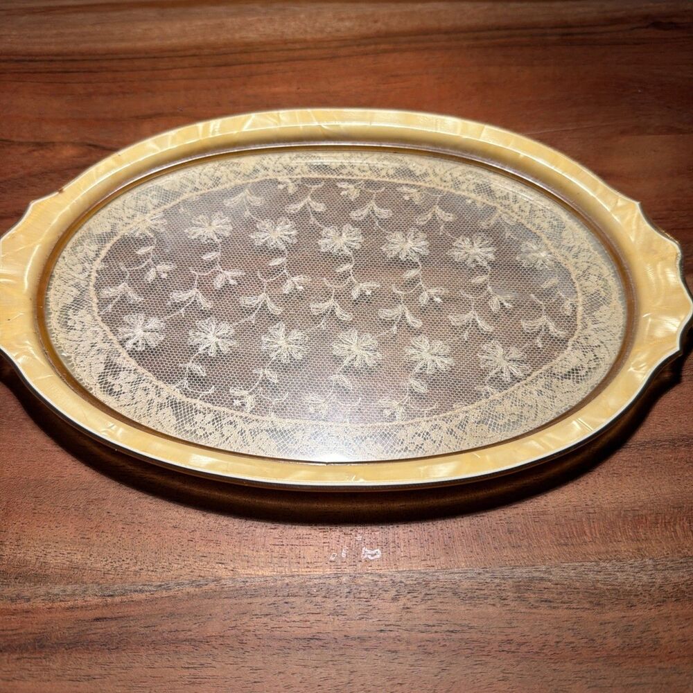 VINTAGE ART DECO CELLULOID VANITY TRAY WITH LACE INSERT